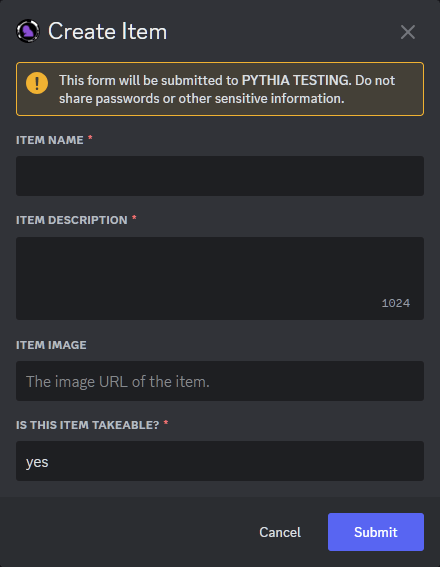 The old create item popup for the items system.