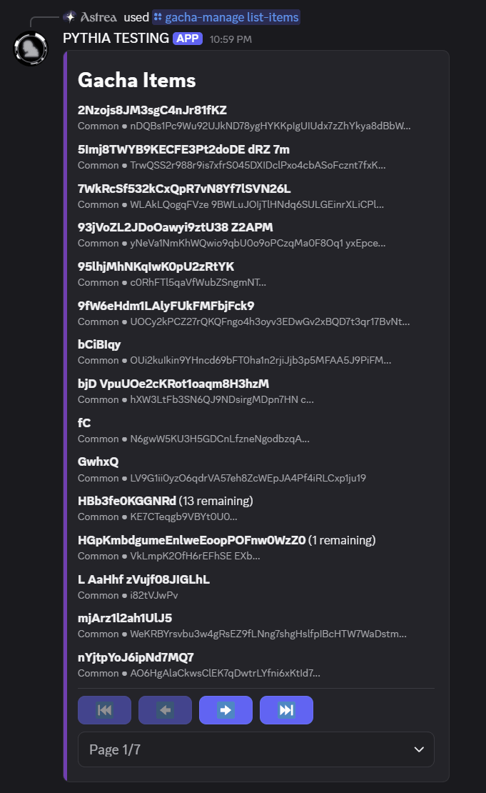 An example of /gacha-manage list-items when sorting by rarity.
