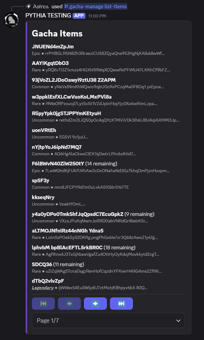 An example of /gacha-manage list-items when sorting by time created.