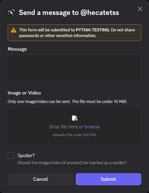 An example of the message pop-up.